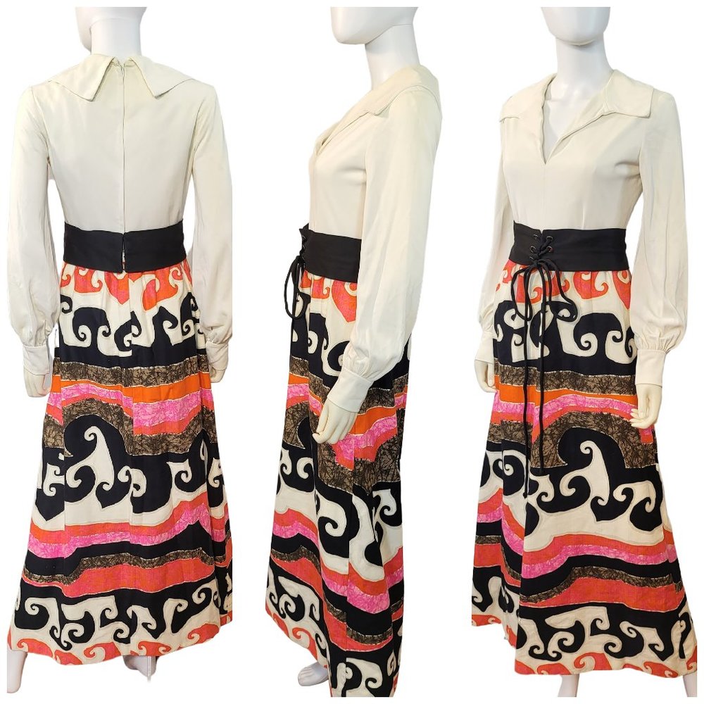 60s Miss Bullock Cotton Barkcloth Wave Maxi Dress - Picture 2 of 7